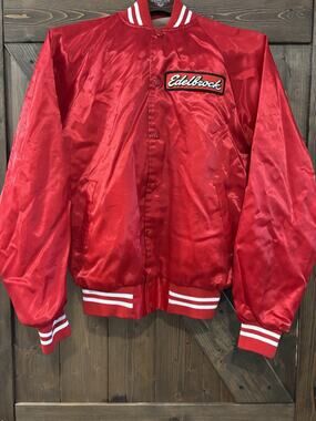 Vintage Edelbrock Satin Snap Jacket Red USA Adult Small Racing Bomber Coat